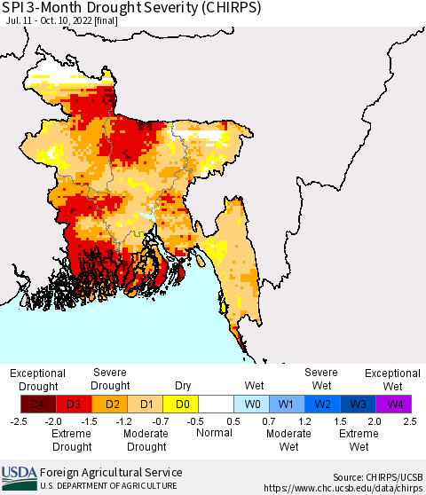 Bangladesh SPI 3-Month Drought Severity (CHIRPS) Thematic Map For 7/11/2022 - 10/10/2022