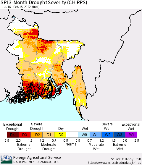 Bangladesh SPI 3-Month Drought Severity (CHIRPS) Thematic Map For 7/16/2022 - 10/15/2022