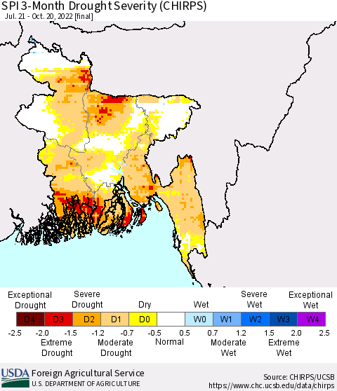 Bangladesh SPI 3-Month Drought Severity (CHIRPS) Thematic Map For 7/21/2022 - 10/20/2022