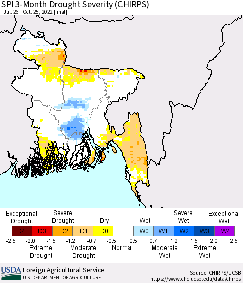 Bangladesh SPI 3-Month Drought Severity (CHIRPS) Thematic Map For 7/26/2022 - 10/25/2022