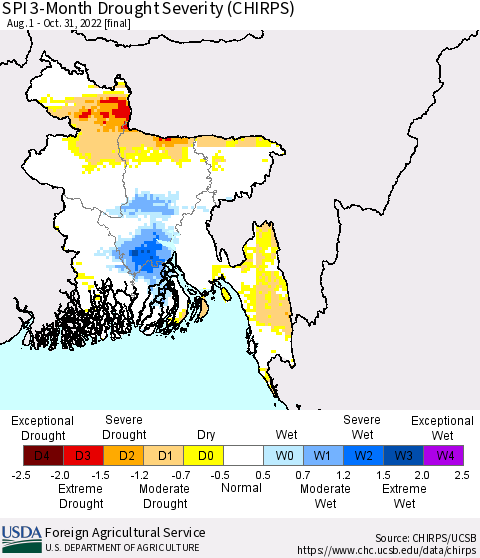 Bangladesh SPI 3-Month Drought Severity (CHIRPS) Thematic Map For 8/1/2022 - 10/31/2022