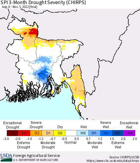 Bangladesh SPI 3-Month Drought Severity (CHIRPS) Thematic Map For 8/6/2022 - 11/5/2022
