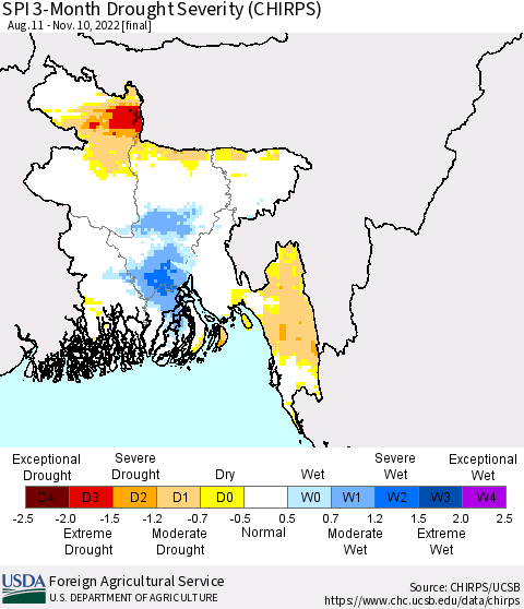 Bangladesh SPI 3-Month Drought Severity (CHIRPS) Thematic Map For 8/11/2022 - 11/10/2022