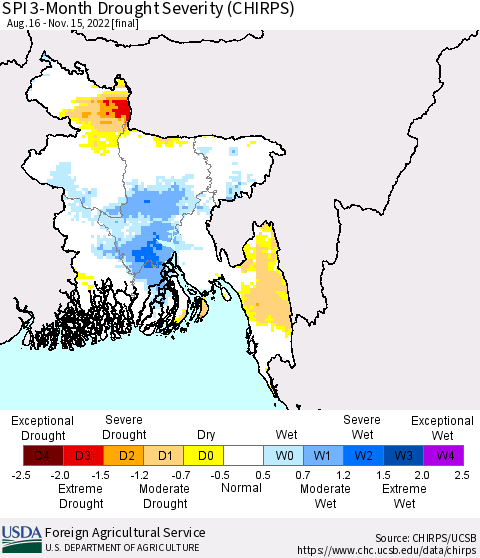Bangladesh SPI 3-Month Drought Severity (CHIRPS) Thematic Map For 8/16/2022 - 11/15/2022