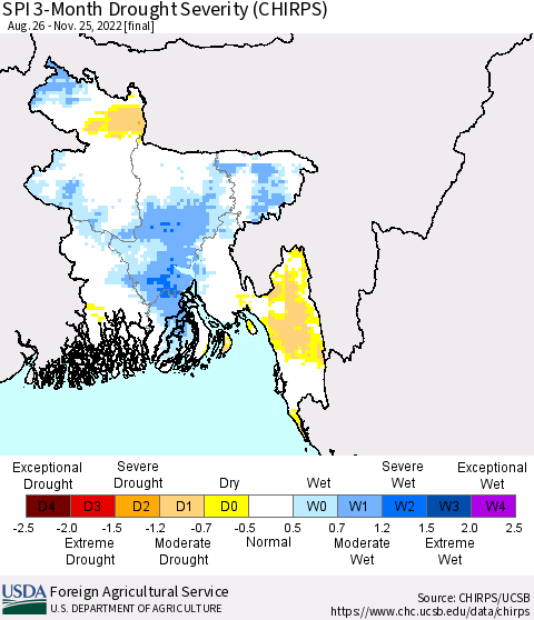Bangladesh SPI 3-Month Drought Severity (CHIRPS) Thematic Map For 8/26/2022 - 11/25/2022