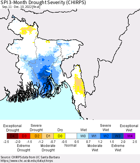 Bangladesh SPI 3-Month Drought Severity (CHIRPS) Thematic Map For 9/11/2022 - 12/10/2022