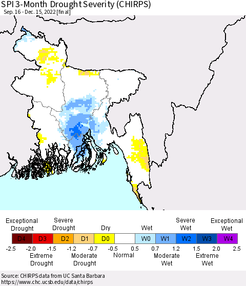 Bangladesh SPI 3-Month Drought Severity (CHIRPS) Thematic Map For 9/16/2022 - 12/15/2022