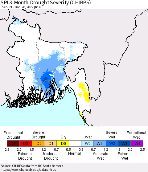 Bangladesh SPI 3-Month Drought Severity (CHIRPS) Thematic Map For 9/21/2022 - 12/20/2022