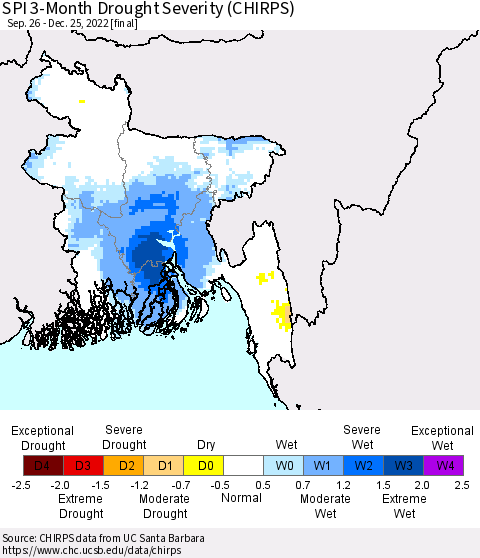 Bangladesh SPI 3-Month Drought Severity (CHIRPS) Thematic Map For 9/26/2022 - 12/25/2022