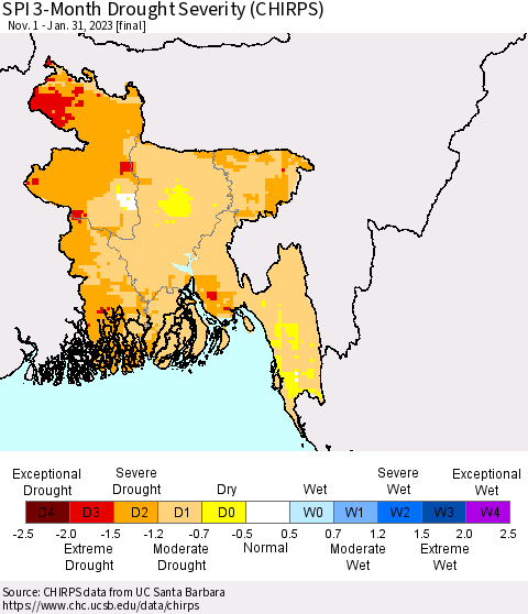 Bangladesh SPI 3-Month Drought Severity (CHIRPS) Thematic Map For 11/1/2022 - 1/31/2023