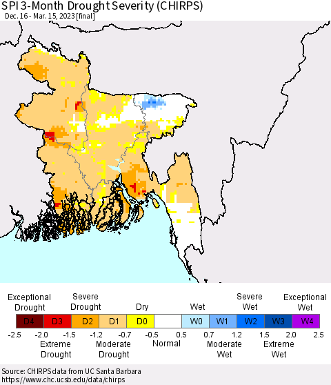Bangladesh SPI 3-Month Drought Severity (CHIRPS) Thematic Map For 12/16/2022 - 3/15/2023
