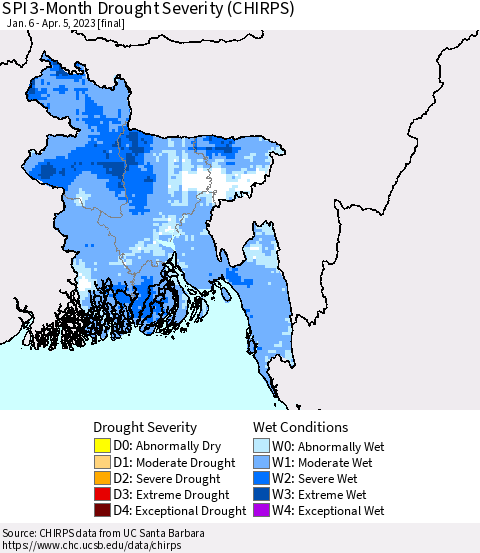 Bangladesh SPI 3-Month Drought Severity (CHIRPS) Thematic Map For 1/6/2023 - 4/5/2023