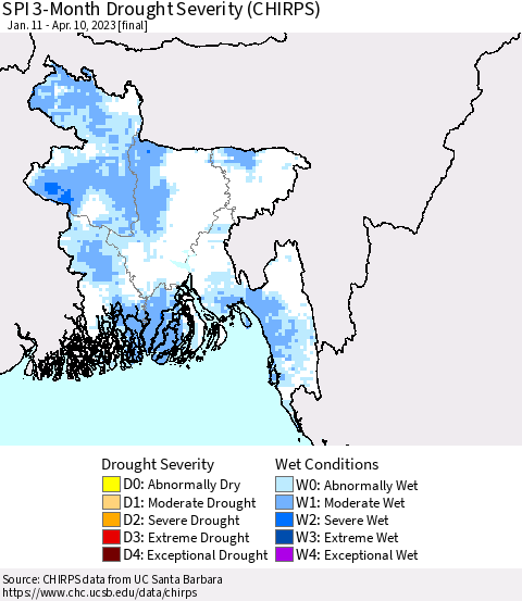 Bangladesh SPI 3-Month Drought Severity (CHIRPS) Thematic Map For 1/11/2023 - 4/10/2023