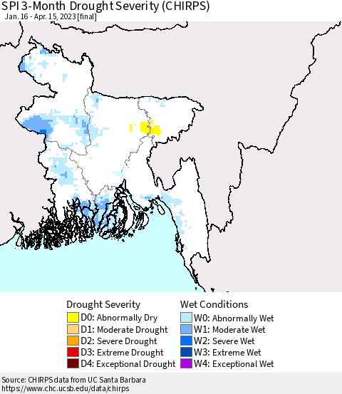 Bangladesh SPI 3-Month Drought Severity (CHIRPS) Thematic Map For 1/16/2023 - 4/15/2023