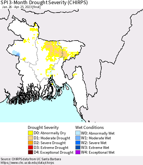 Bangladesh SPI 3-Month Drought Severity (CHIRPS) Thematic Map For 1/26/2023 - 4/25/2023