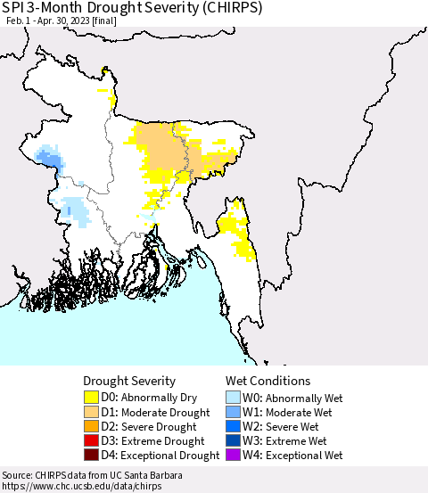 Bangladesh SPI 3-Month Drought Severity (CHIRPS) Thematic Map For 2/1/2023 - 4/30/2023