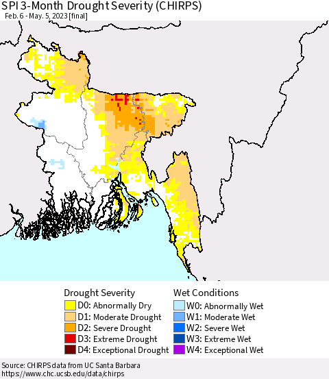 Bangladesh SPI 3-Month Drought Severity (CHIRPS) Thematic Map For 2/6/2023 - 5/5/2023