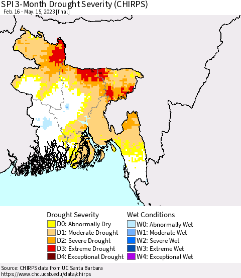 Bangladesh SPI 3-Month Drought Severity (CHIRPS) Thematic Map For 2/16/2023 - 5/15/2023