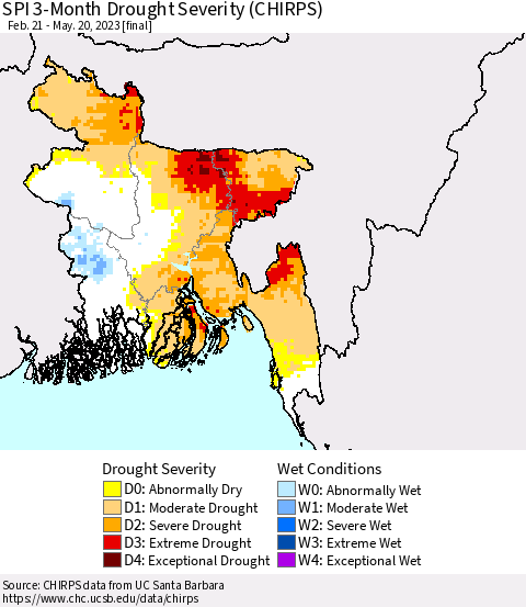 Bangladesh SPI 3-Month Drought Severity (CHIRPS) Thematic Map For 2/21/2023 - 5/20/2023
