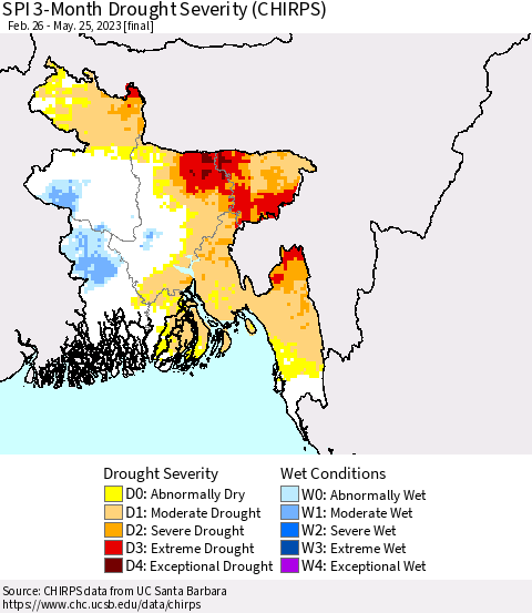 Bangladesh SPI 3-Month Drought Severity (CHIRPS) Thematic Map For 2/26/2023 - 5/25/2023