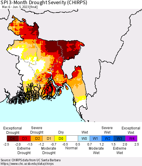 Bangladesh SPI 3-Month Drought Severity (CHIRPS) Thematic Map For 3/6/2023 - 6/5/2023