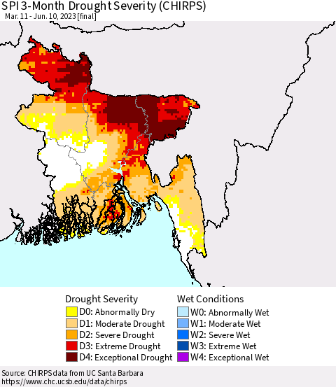 Bangladesh SPI 3-Month Drought Severity (CHIRPS) Thematic Map For 3/11/2023 - 6/10/2023