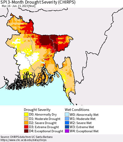 Bangladesh SPI 3-Month Drought Severity (CHIRPS) Thematic Map For 3/16/2023 - 6/15/2023