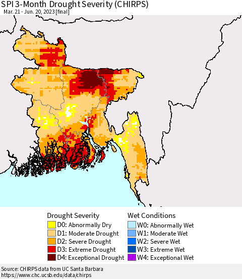 Bangladesh SPI 3-Month Drought Severity (CHIRPS) Thematic Map For 3/21/2023 - 6/20/2023
