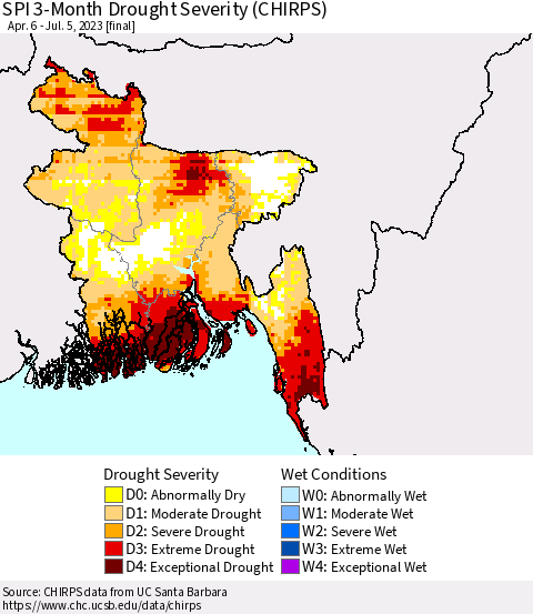 Bangladesh SPI 3-Month Drought Severity (CHIRPS) Thematic Map For 4/6/2023 - 7/5/2023