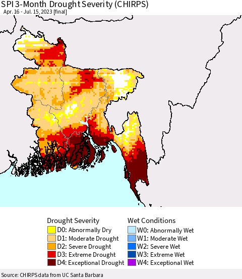 Bangladesh SPI 3-Month Drought Severity (CHIRPS) Thematic Map For 4/16/2023 - 7/15/2023