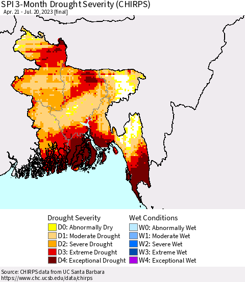 Bangladesh SPI 3-Month Drought Severity (CHIRPS) Thematic Map For 4/21/2023 - 7/20/2023
