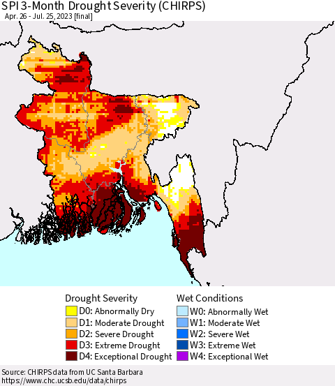 Bangladesh SPI 3-Month Drought Severity (CHIRPS) Thematic Map For 4/26/2023 - 7/25/2023