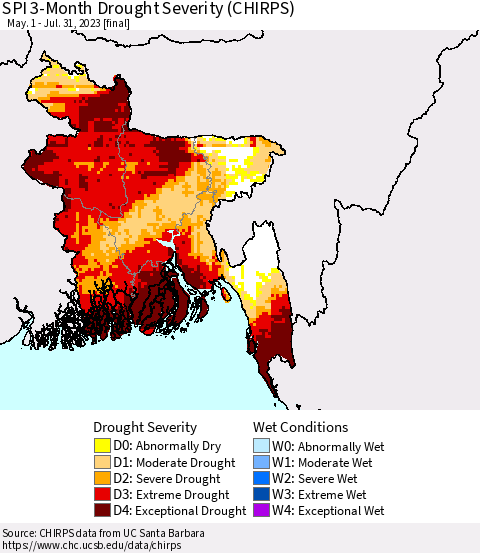 Bangladesh SPI 3-Month Drought Severity (CHIRPS) Thematic Map For 5/1/2023 - 7/31/2023