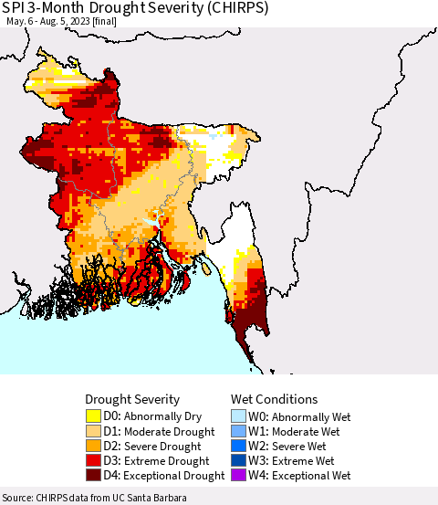 Bangladesh SPI 3-Month Drought Severity (CHIRPS) Thematic Map For 5/6/2023 - 8/5/2023
