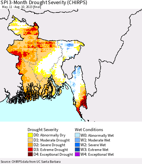 Bangladesh SPI 3-Month Drought Severity (CHIRPS) Thematic Map For 5/11/2023 - 8/10/2023