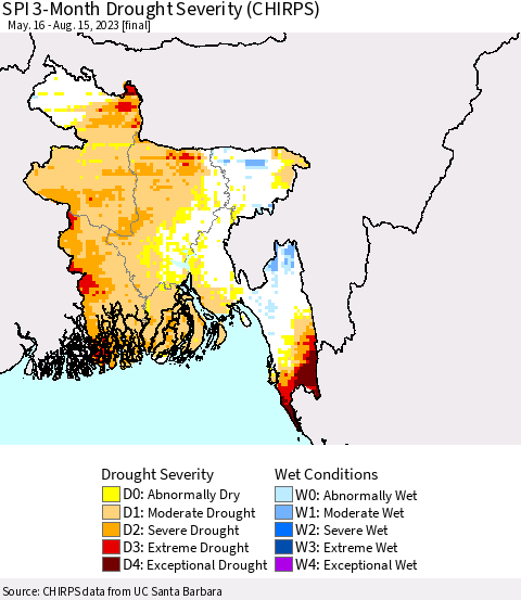 Bangladesh SPI 3-Month Drought Severity (CHIRPS) Thematic Map For 5/16/2023 - 8/15/2023