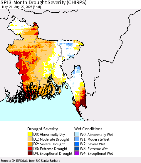 Bangladesh SPI 3-Month Drought Severity (CHIRPS) Thematic Map For 5/21/2023 - 8/20/2023