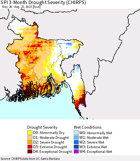Bangladesh SPI 3-Month Drought Severity (CHIRPS) Thematic Map For 5/26/2023 - 8/25/2023