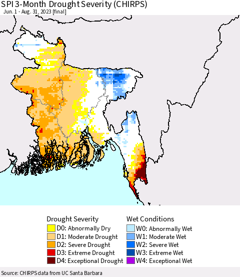Bangladesh SPI 3-Month Drought Severity (CHIRPS) Thematic Map For 6/1/2023 - 8/31/2023