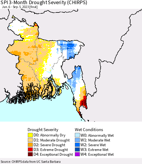Bangladesh SPI 3-Month Drought Severity (CHIRPS) Thematic Map For 6/6/2023 - 9/5/2023