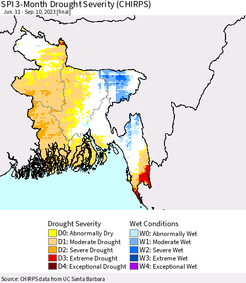 Bangladesh SPI 3-Month Drought Severity (CHIRPS) Thematic Map For 6/11/2023 - 9/10/2023