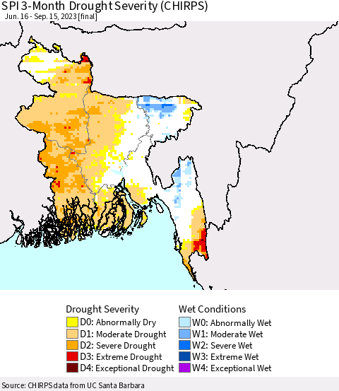 Bangladesh SPI 3-Month Drought Severity (CHIRPS) Thematic Map For 6/16/2023 - 9/15/2023