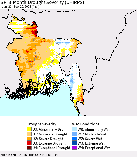 Bangladesh SPI 3-Month Drought Severity (CHIRPS) Thematic Map For 6/21/2023 - 9/20/2023