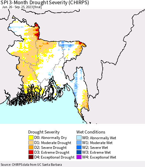 Bangladesh SPI 3-Month Drought Severity (CHIRPS) Thematic Map For 6/26/2023 - 9/25/2023