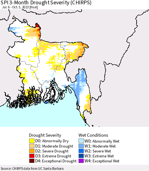 Bangladesh SPI 3-Month Drought Severity (CHIRPS) Thematic Map For 7/6/2023 - 10/5/2023