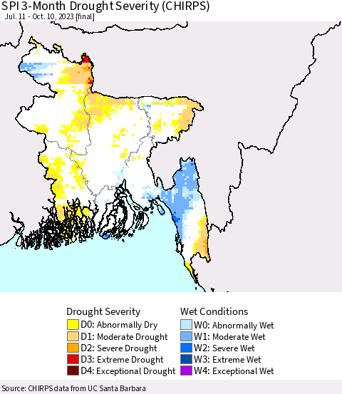 Bangladesh SPI 3-Month Drought Severity (CHIRPS) Thematic Map For 7/11/2023 - 10/10/2023