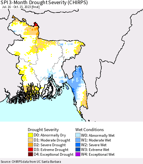 Bangladesh SPI 3-Month Drought Severity (CHIRPS) Thematic Map For 7/16/2023 - 10/15/2023