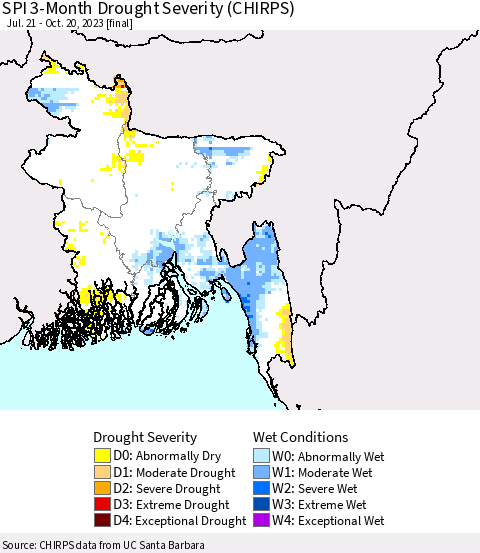 Bangladesh SPI 3-Month Drought Severity (CHIRPS) Thematic Map For 7/21/2023 - 10/20/2023