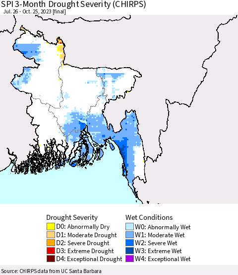 Bangladesh SPI 3-Month Drought Severity (CHIRPS) Thematic Map For 7/26/2023 - 10/25/2023