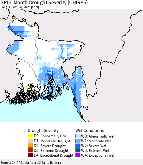 Bangladesh SPI 3-Month Drought Severity (CHIRPS) Thematic Map For 8/1/2023 - 10/31/2023